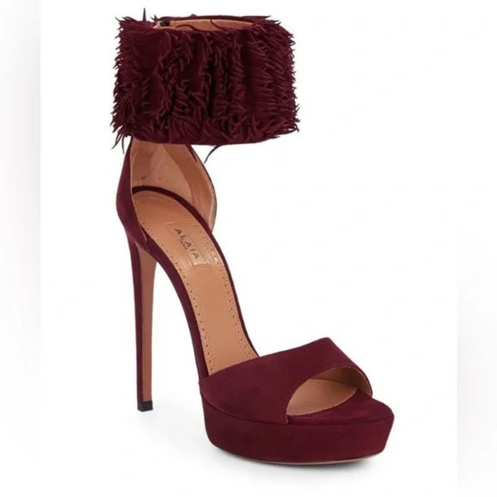 Alaia burgundy fringe platform sandals
